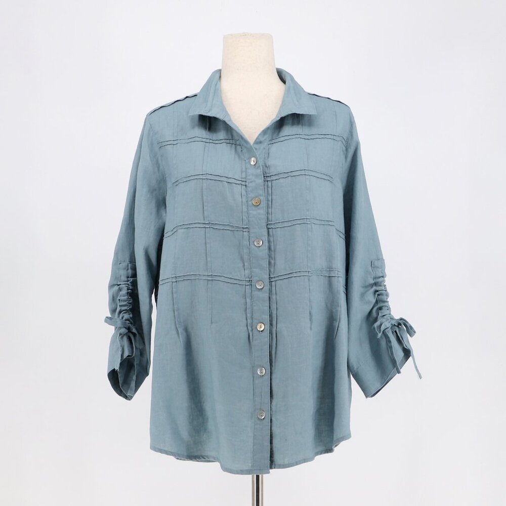 JOHN MARK Linen Cinch Tie Sleeve Button Front Blouse Shirt in Sky Blue Size M